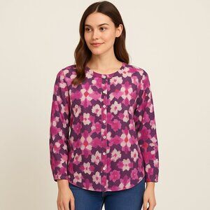 Banjanan People Floral Blouse Size Large 100% Cotton Long Sleeve Purple Pink Top